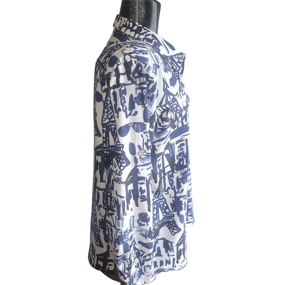 Karl Lagerfeld Blue and White Abstract Paris Button Front Shirt L - Picture 4 of 7